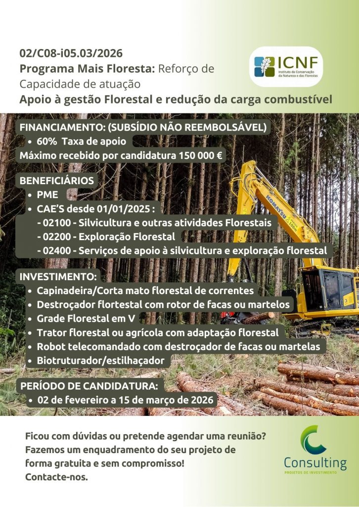 O ICNF lança o primeiro aviso do “Programa MAIS Floresta: Reforço de Capacidade de Atuação”, com uma dotação de 12,1 milhões de euros, financiado pelo Plano de Recuperação e Resiliência (PRR), tendo em vista o apoio a micro, pequena ou média empresas com atividade florestal e na área da silvicultura para aquisição de máquinas de gestão florestal e gestão de carga de combustível. Este aviso pretende contribuir para o aumento da prevenção e para a redução do risco de incêndio rural, através do reforço da capacidade de intervenção das entidades responsáveis pela gestão da carga combustível.